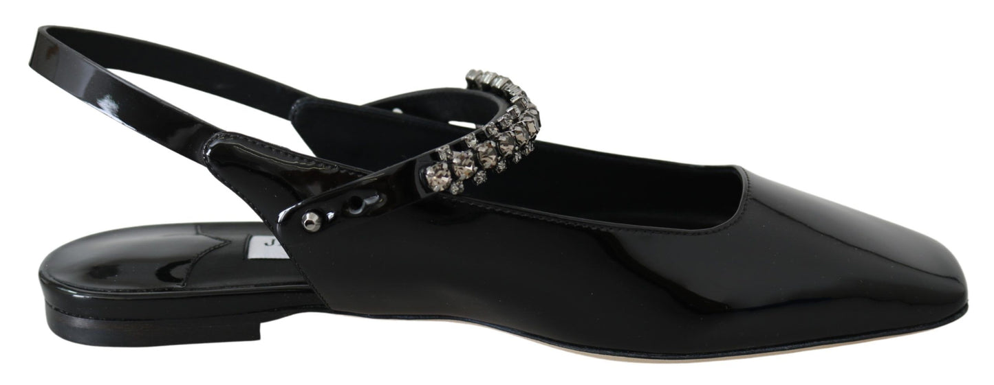 Jimmy Choo elegante zwarte lak flats met kristallen accent.