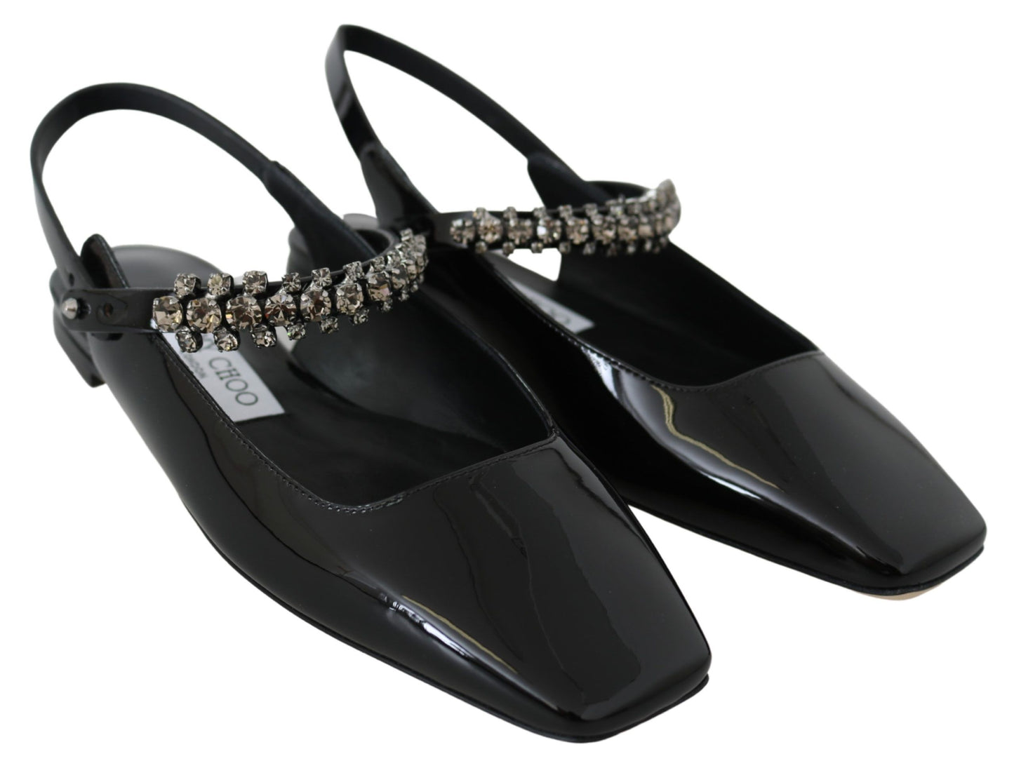 Jimmy Choo elegante zwarte lak flats met kristallen accent.