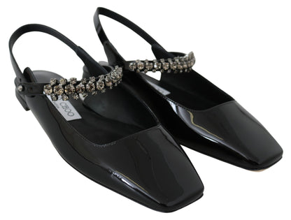 Jimmy Choo elegante zwarte lak flats met kristallen accent.