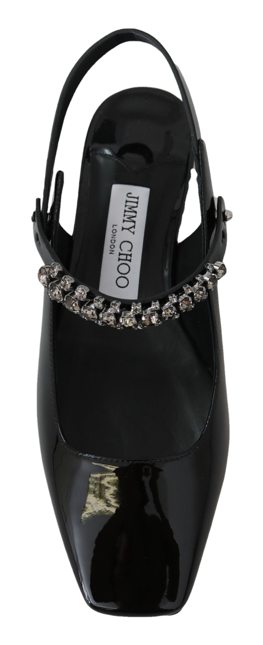 Jimmy Choo elegante zwarte lak flats met kristallen accent.