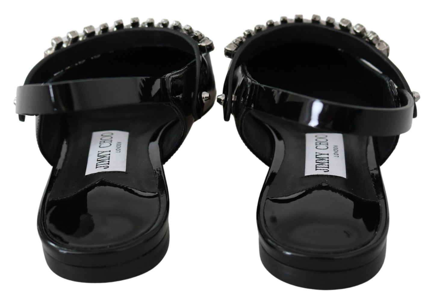 Jimmy Choo elegante zwarte lak flats met kristallen accent.