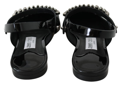 Jimmy Choo elegante zwarte lak flats met kristallen accent.
