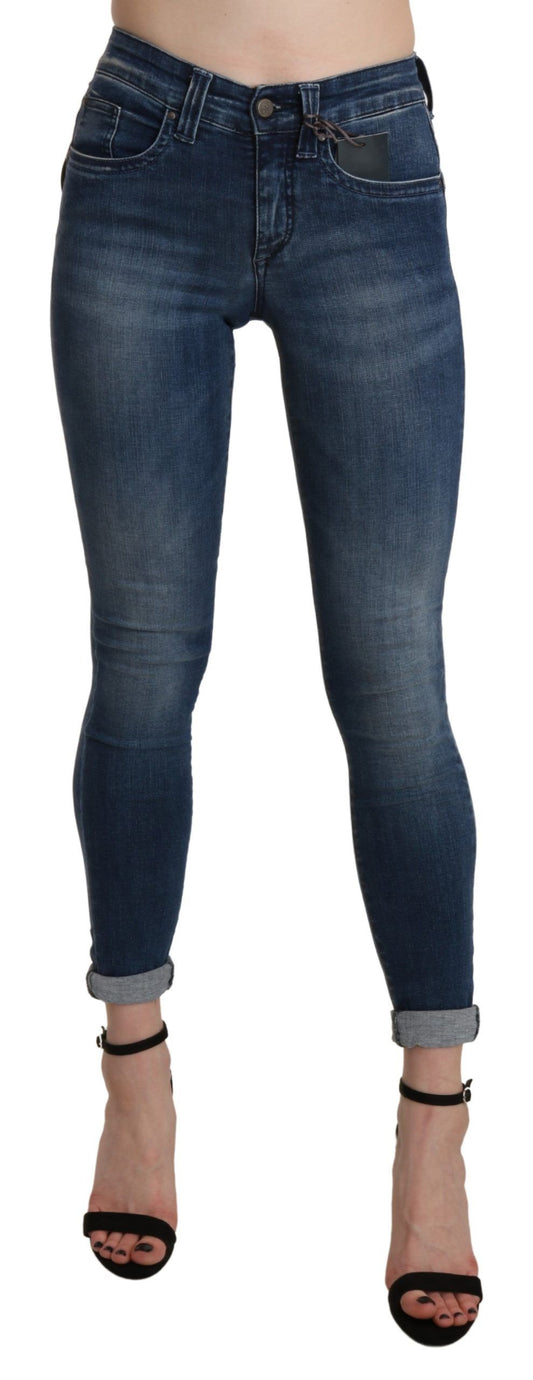 Jean skinny taille haute en coton bleu délavé, taille courte, Ermanno Scervino