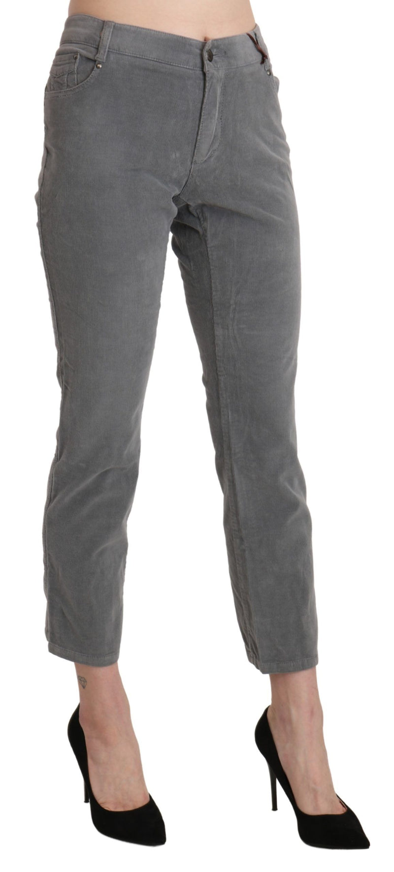 Pantalon taille haute en coton stretch gris, taille courte, Ermanno Scervino