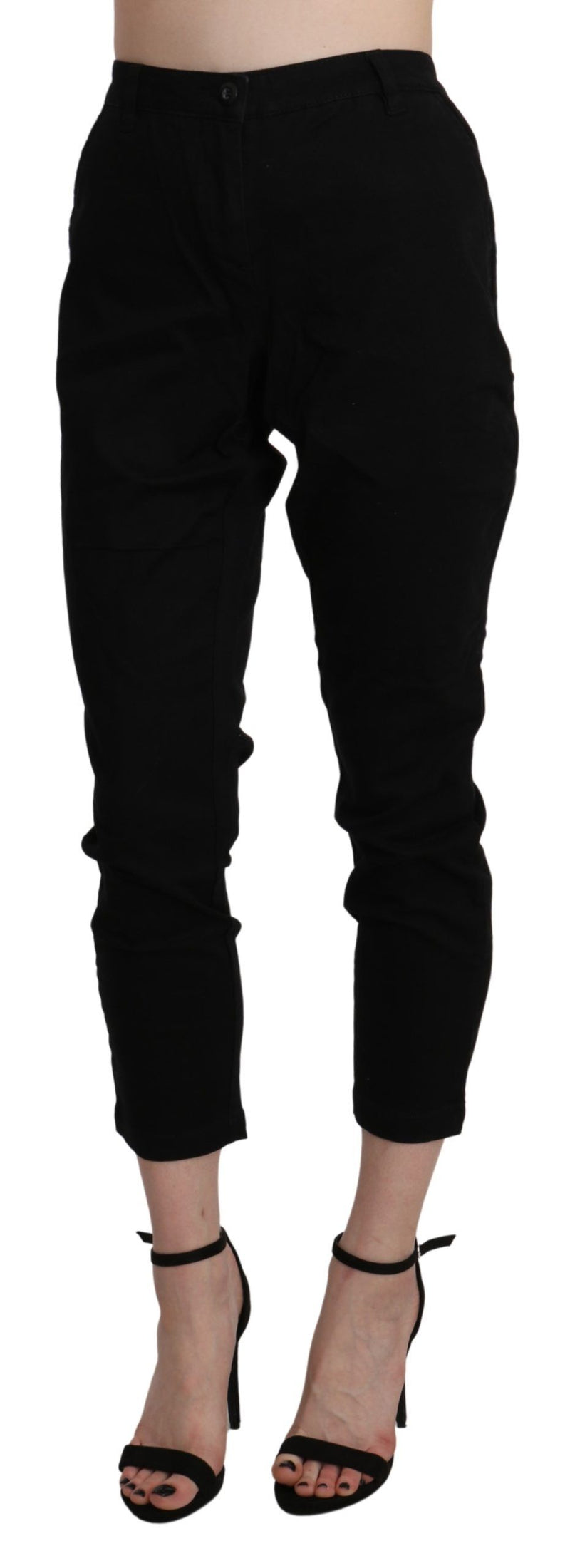 Acht Pantalon Capri Cropped Skinny Noir Taille Haute en Coton