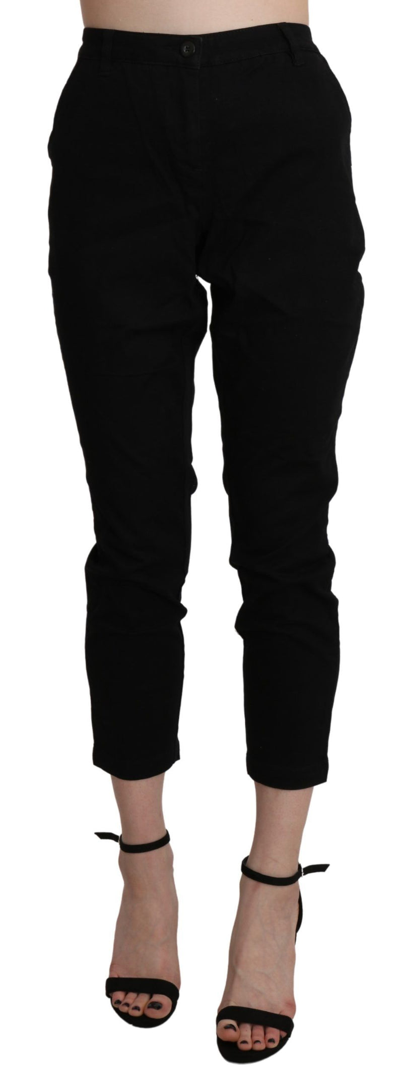 Acht Pantalon Capri Cropped Skinny Noir Taille Haute en Coton