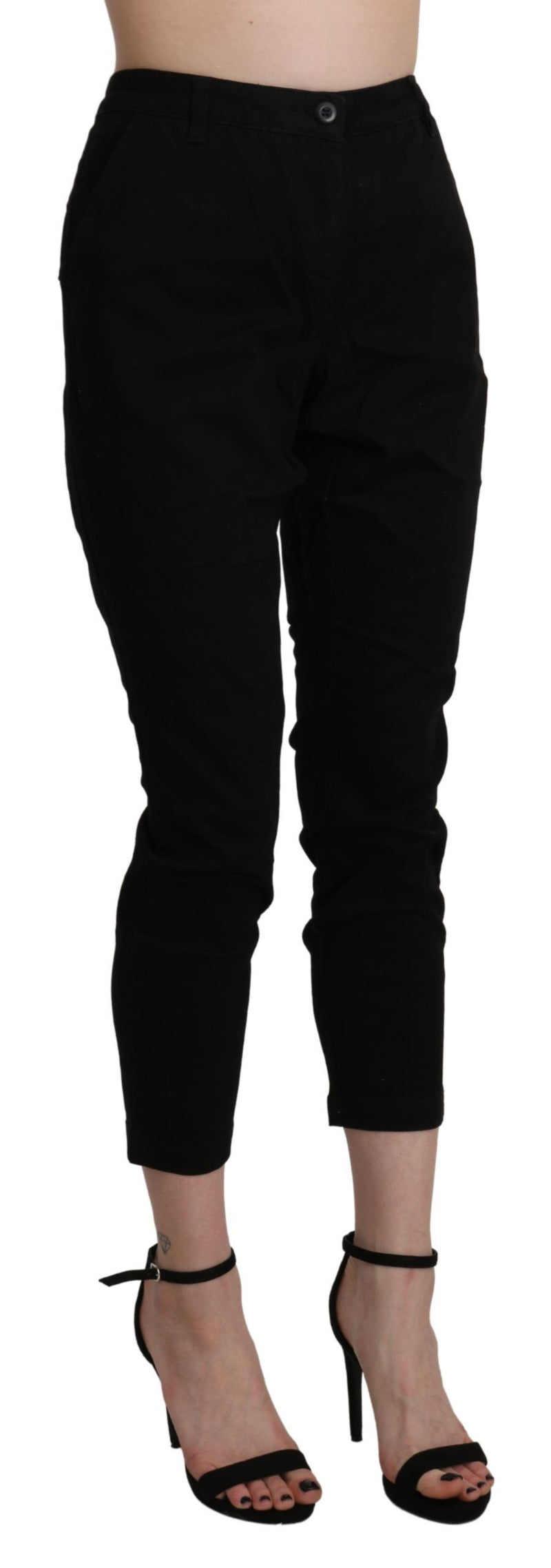 Acht Pantalon Capri Cropped Skinny Noir Taille Haute en Coton