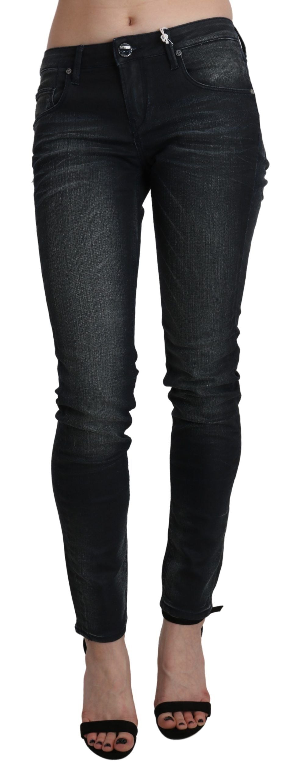 Pantalon en jean skinny noir, taille basse, effet délavé, Acht.