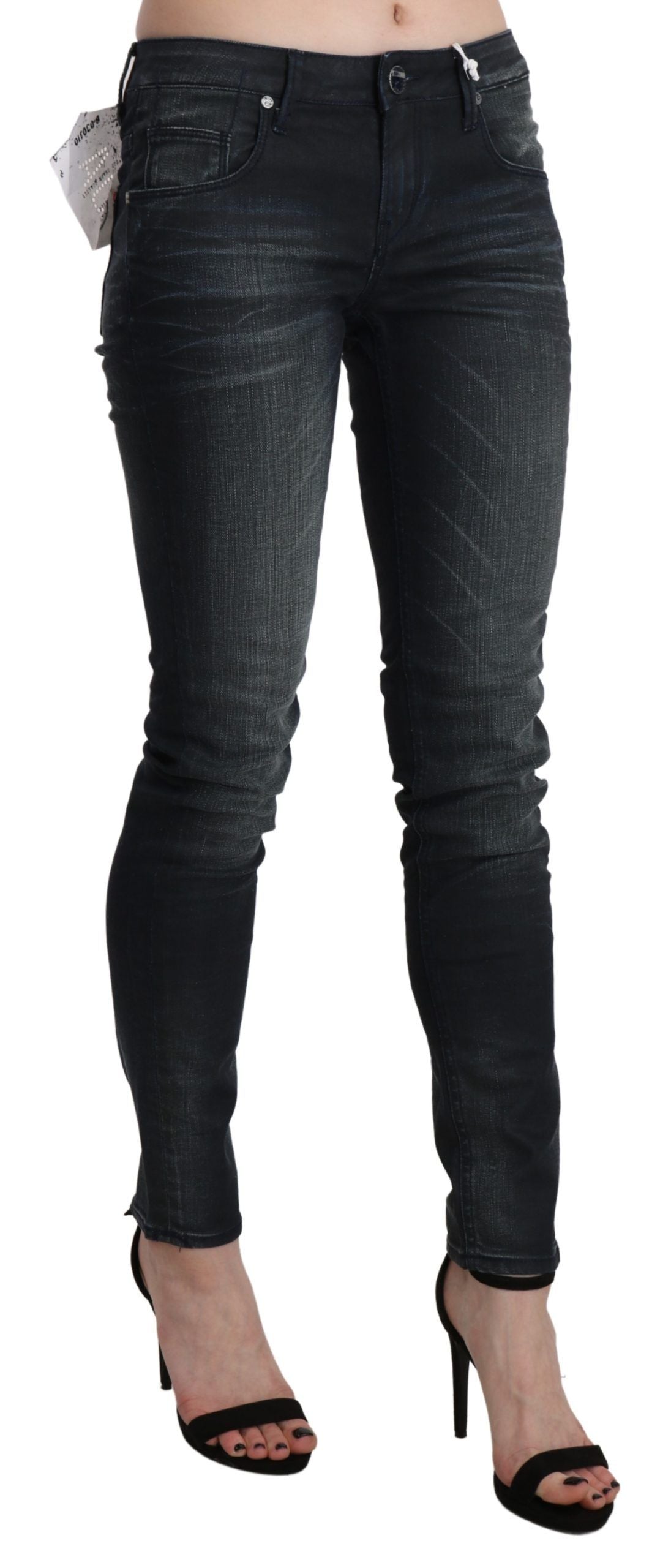 Pantalon en jean skinny noir, taille basse, effet délavé, Acht.
