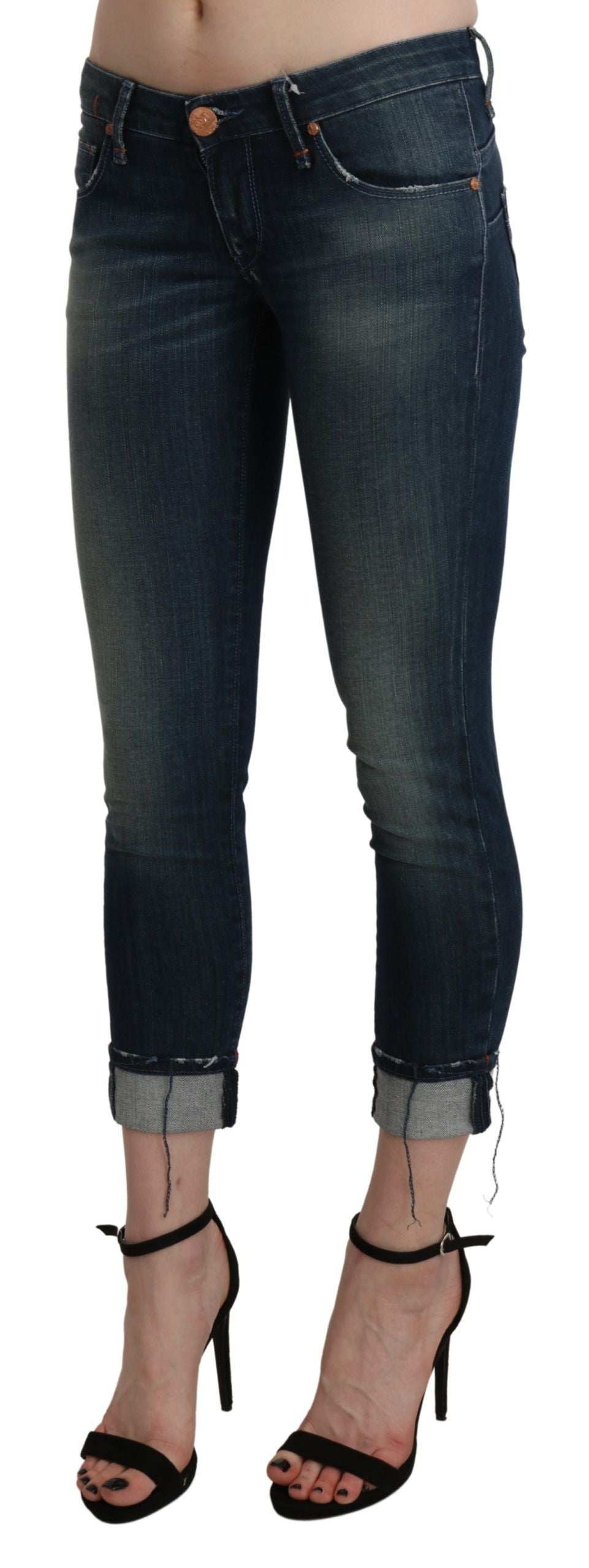 Pantalon en jean skinny taille haute, coupe courte, effet délavé bleu, Acht.