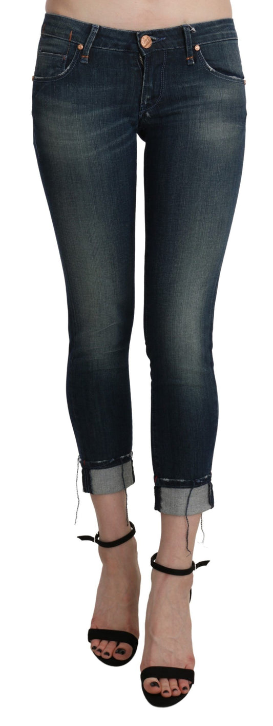 Pantalon en jean skinny taille haute, coupe courte, effet délavé bleu, Acht.