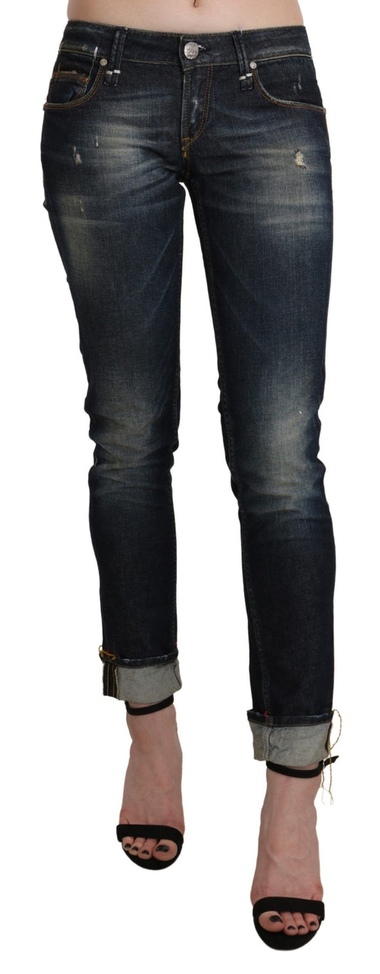 Pantalon en jean skinny taille haute, longueur 7/8, effet délavé bleu, Acht.