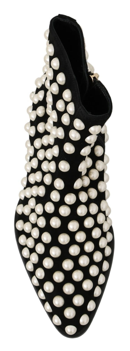 Bottines en daim noir avec perles et clous de Dolce & Gabbana