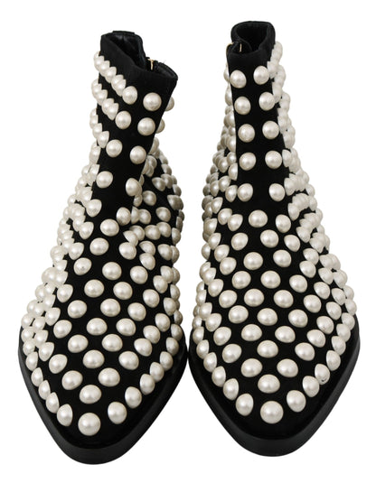 Bottines en daim noir avec perles et clous de Dolce & Gabbana