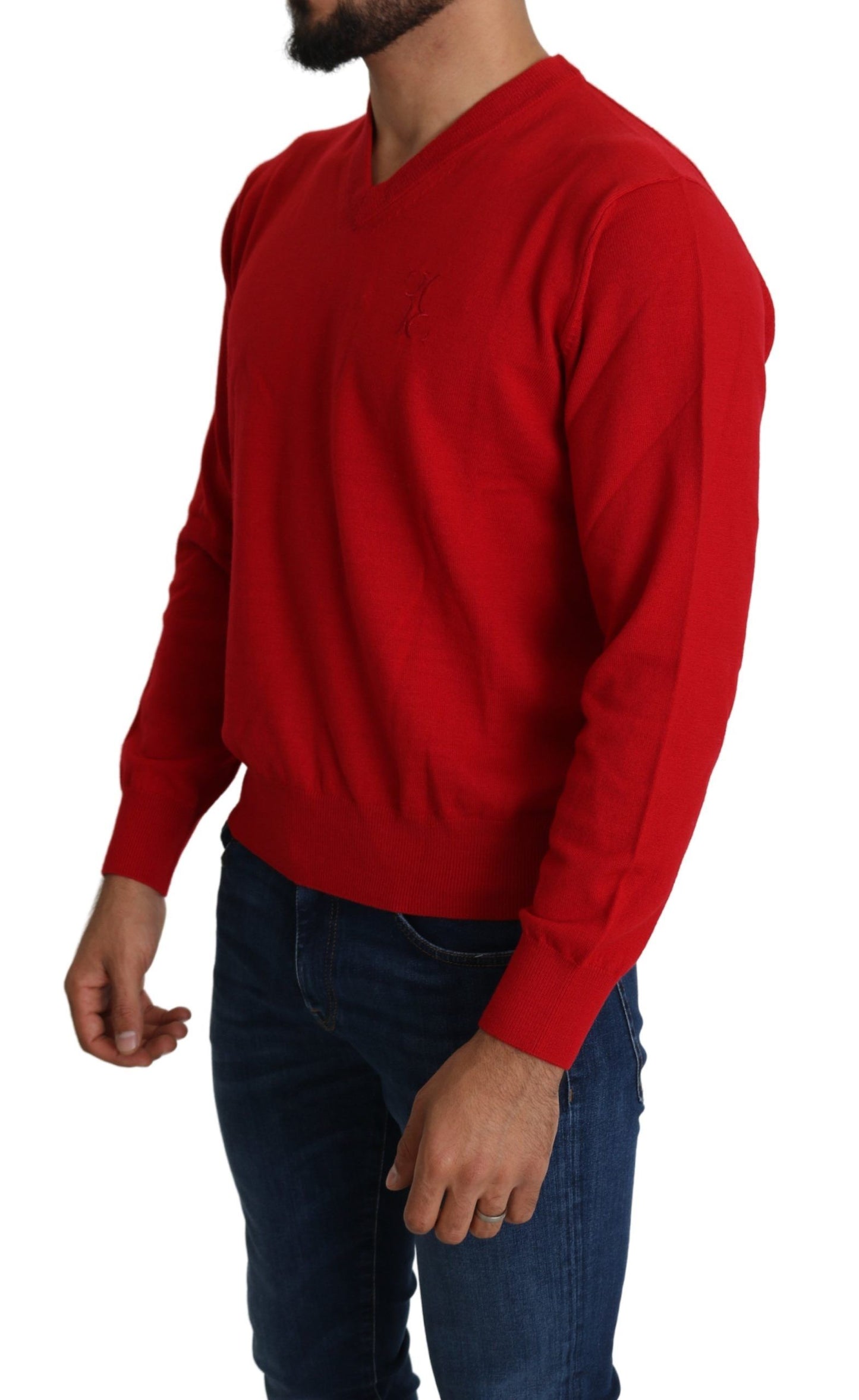 Pull en laine rouge à col en V, style Billionaire Italian Couture.