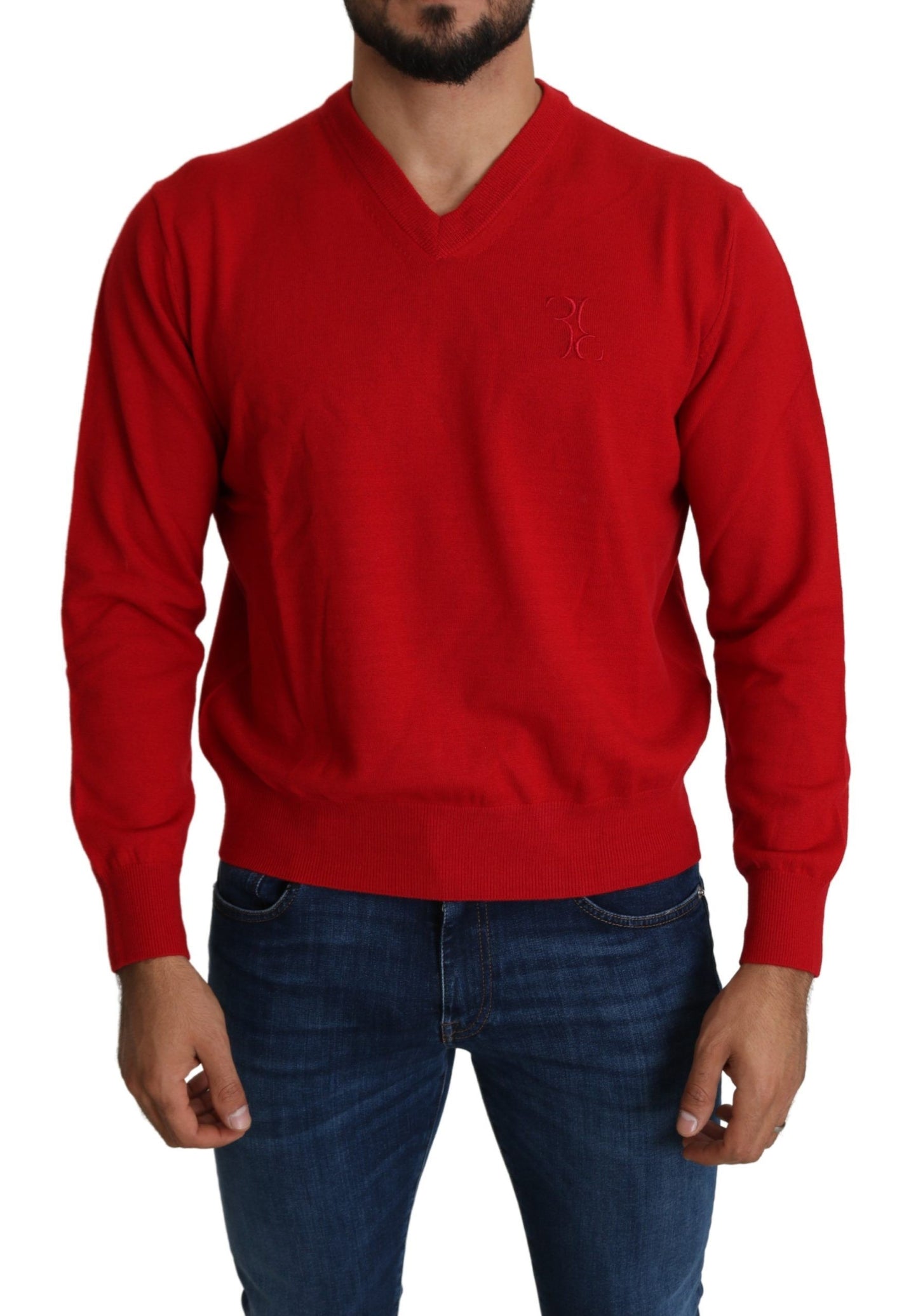 Pull en laine rouge à col en V, style Billionaire Italian Couture.