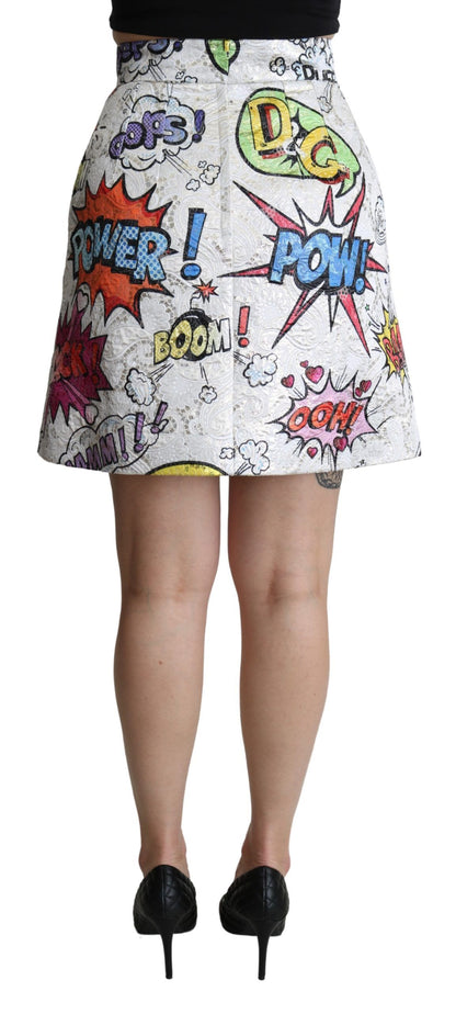 Jupe trapèze blanche à broderies de dessins animés, taille haute, Dolce & Gabbana