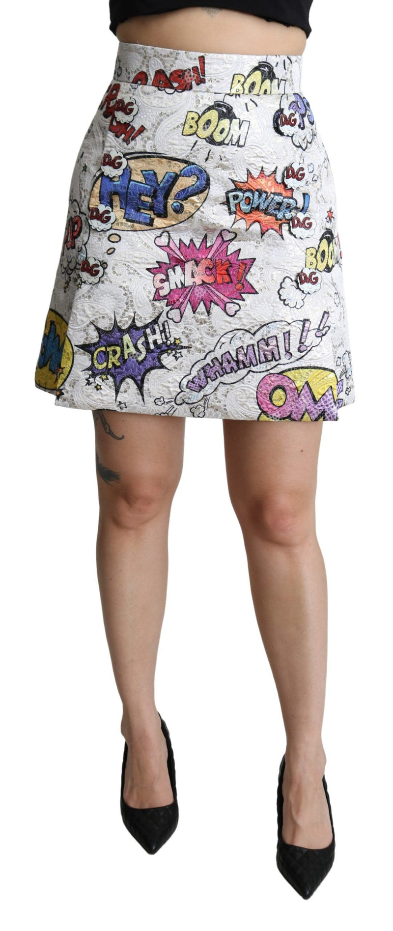 Jupe trapèze blanche à broderies de dessins animés, taille haute, Dolce &amp; Gabbana