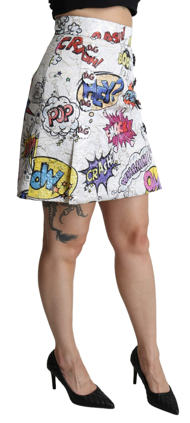 Jupe trapèze blanche à broderies de dessins animés, taille haute, Dolce &amp; Gabbana
