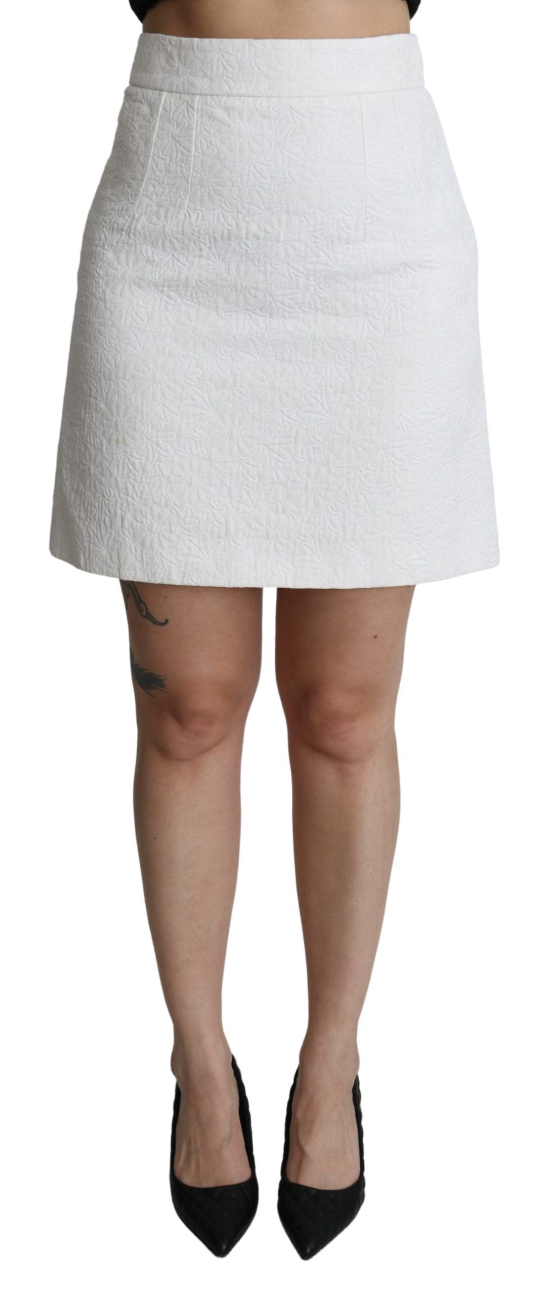 Jupe mini brocart blanche à motifs floraux et taille haute de Dolce &amp; Gabbana