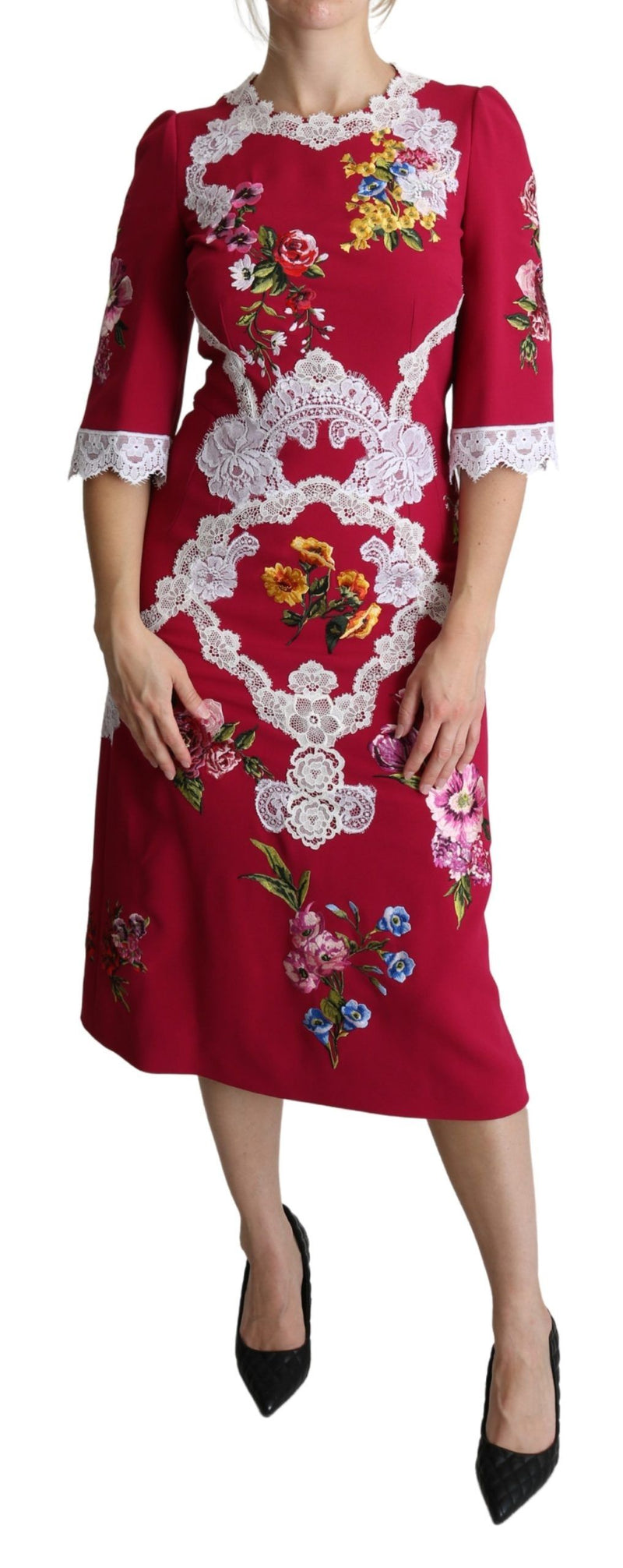 Robe midi moulante brodée de fleurs rouges de Dolce &amp; Gabbana