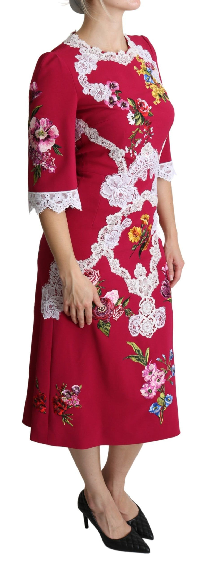 Robe midi moulante brodée de fleurs rouges de Dolce &amp; Gabbana