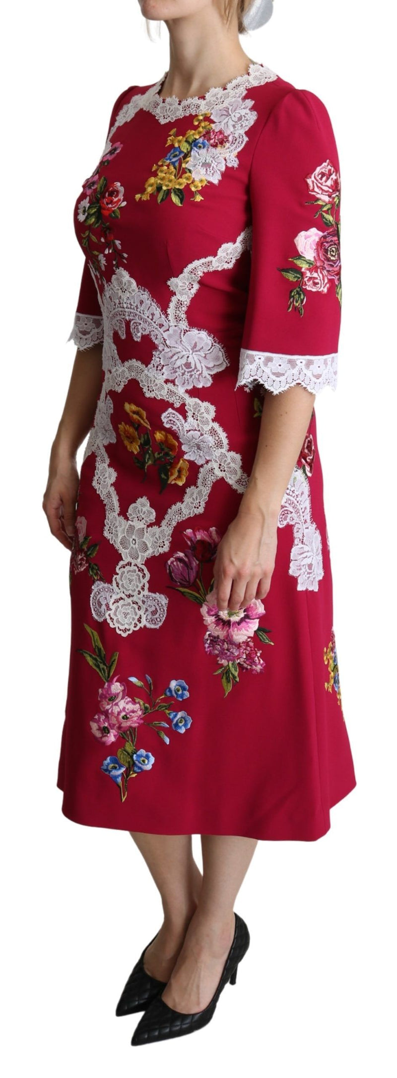 Robe midi moulante brodée de fleurs rouges de Dolce &amp; Gabbana