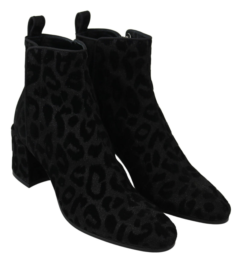 Bottines courtes à zip en cuir noir léopard Dolce &amp; Gabbana