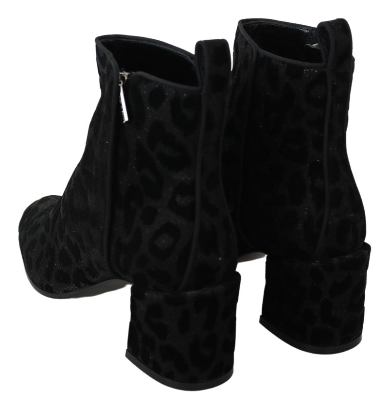 Bottines courtes à zip en cuir noir léopard Dolce &amp; Gabbana