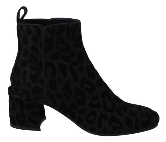 Bottines courtes à zip en cuir noir léopard Dolce & Gabbana