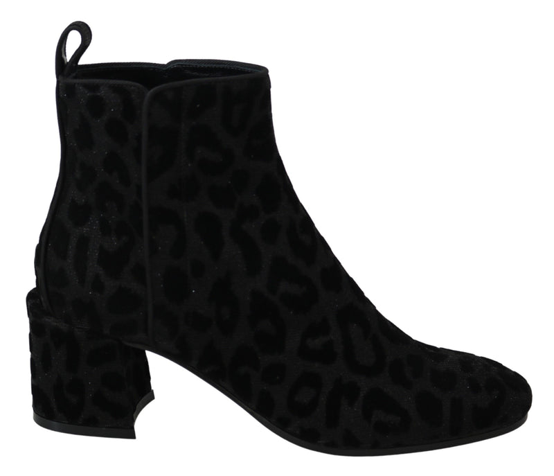 Bottines courtes à zip en cuir noir léopard Dolce &amp; Gabbana