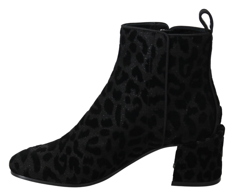 Bottines courtes à zip en cuir noir léopard Dolce &amp; Gabbana