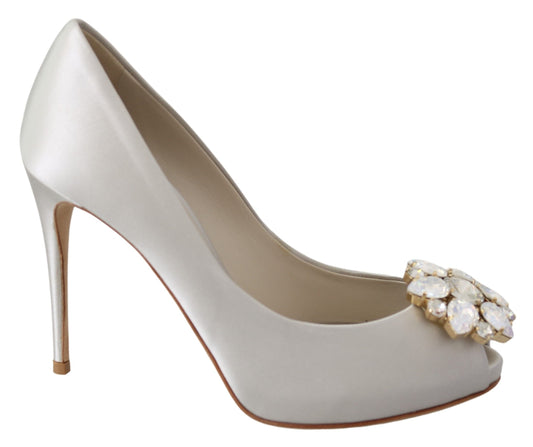 Escarpins en satin à bout ouvert et talons ornés de cristaux blancs Dolce &amp; Gabbana