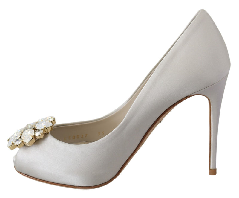 Escarpins en satin à bout ouvert et talons ornés de cristaux blancs Dolce &amp; Gabbana
