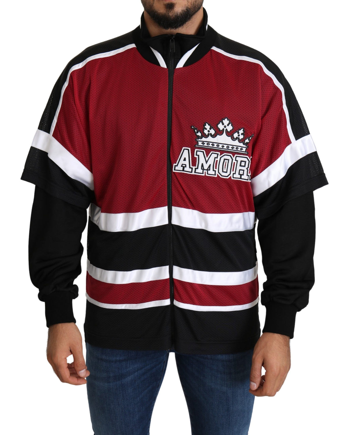 Pull Dolce &amp; Gabbana rouge et noir AMORE Sport à fermeture éclair intégrale