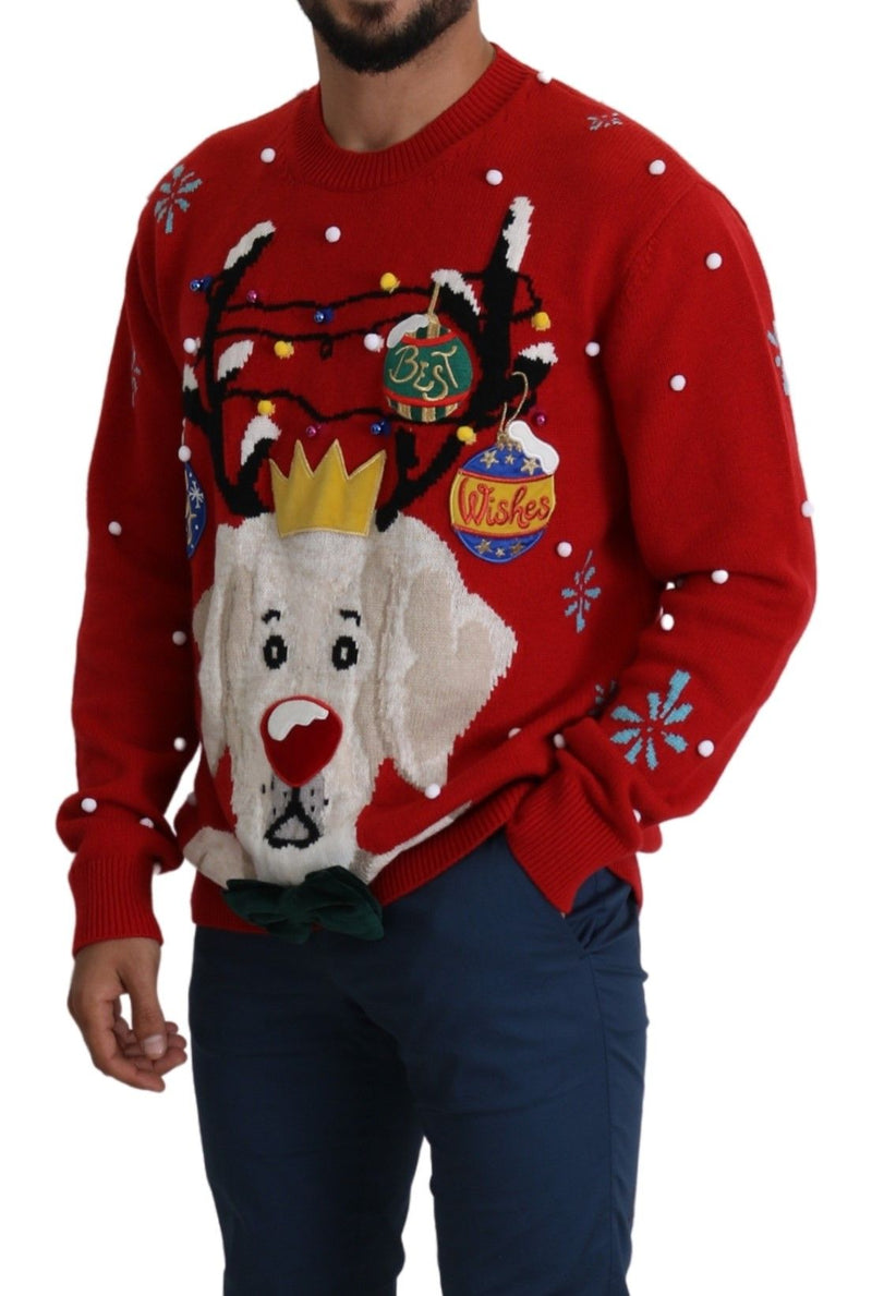 Pull en cachemire Dolce &amp; Gabbana rouge à motif chien de Noël