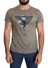 T-shirt Guess marron en coton stretch imprimé logo pour homme, style décontracté et perforé