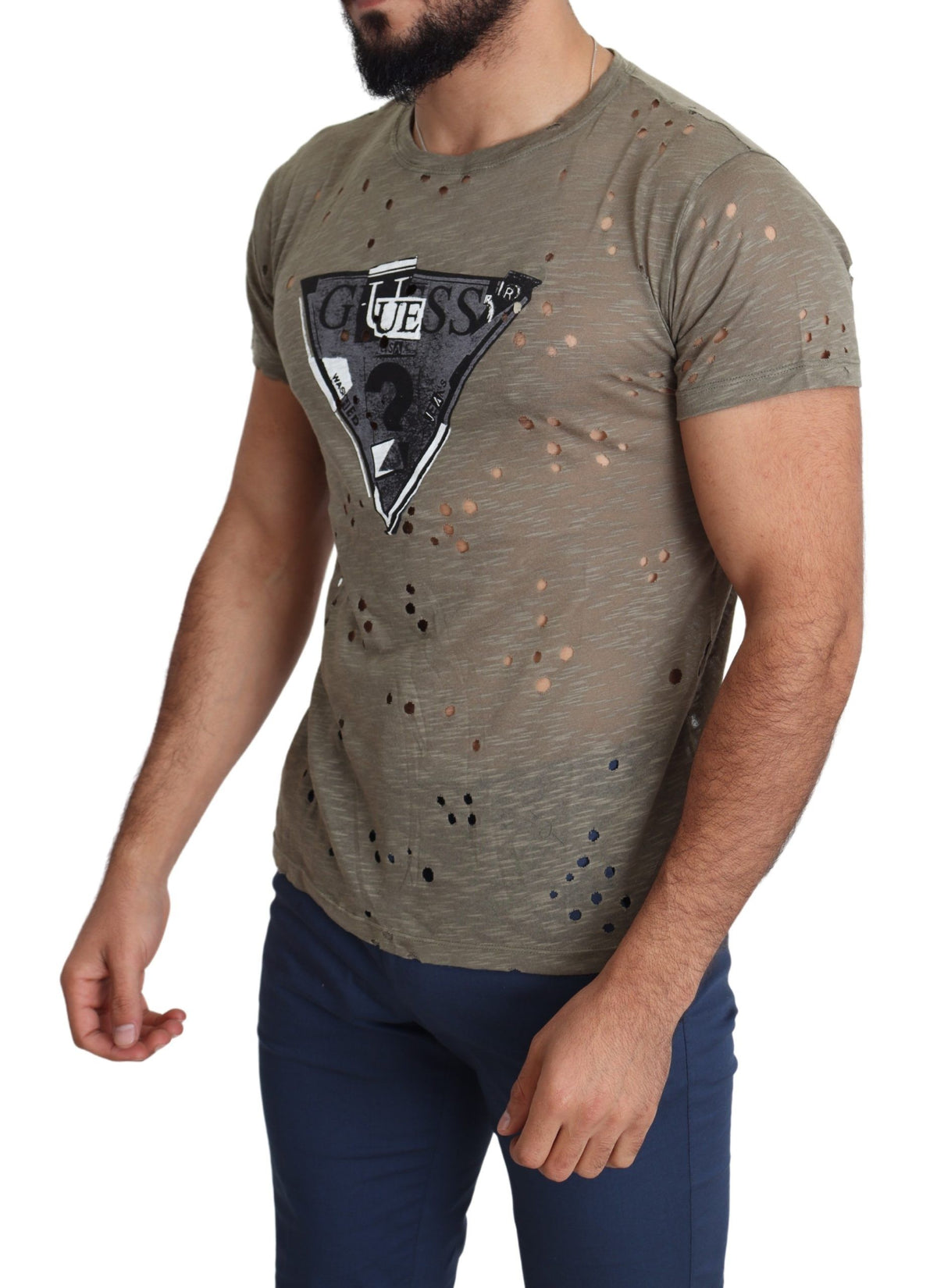 T-shirt Guess marron en coton stretch imprimé logo pour homme, style décontracté et perforé