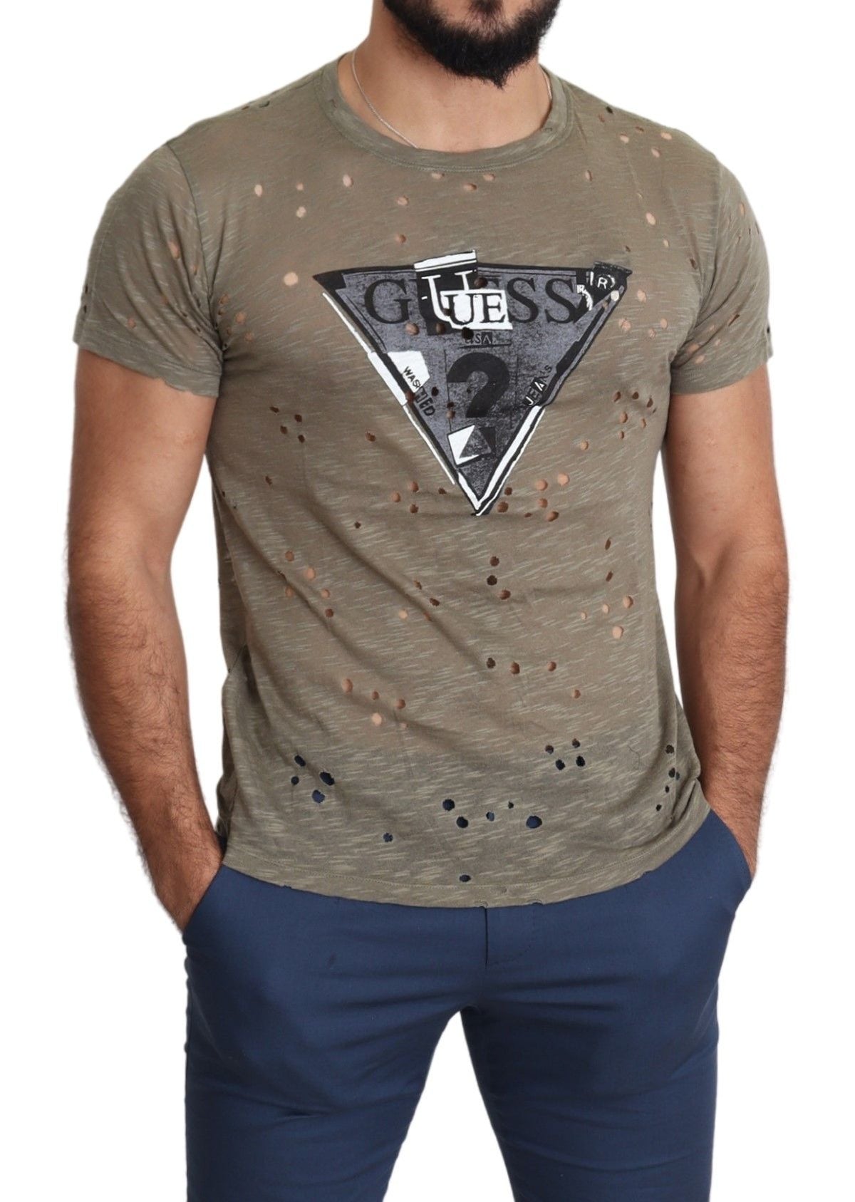 T-shirt Guess marron en coton stretch imprimé logo pour homme, style décontracté et perforé