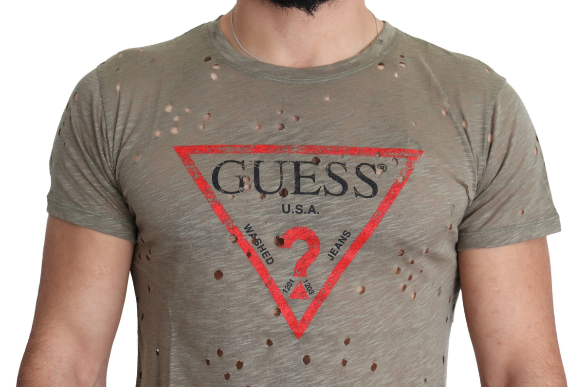 T-shirt Guess marron en coton stretch imprimé logo pour homme, style décontracté et perforé