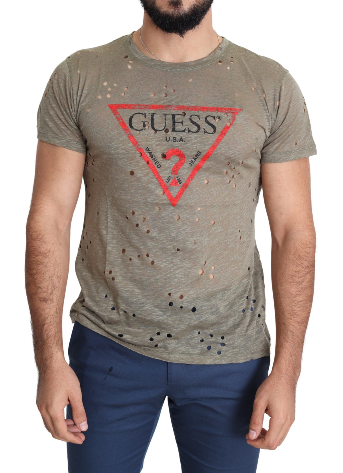 T-shirt Guess marron en coton stretch imprimé logo pour homme, style décontracté et perforé