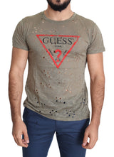 T-shirt Guess marron en coton stretch imprimé logo pour homme, style décontracté et perforé