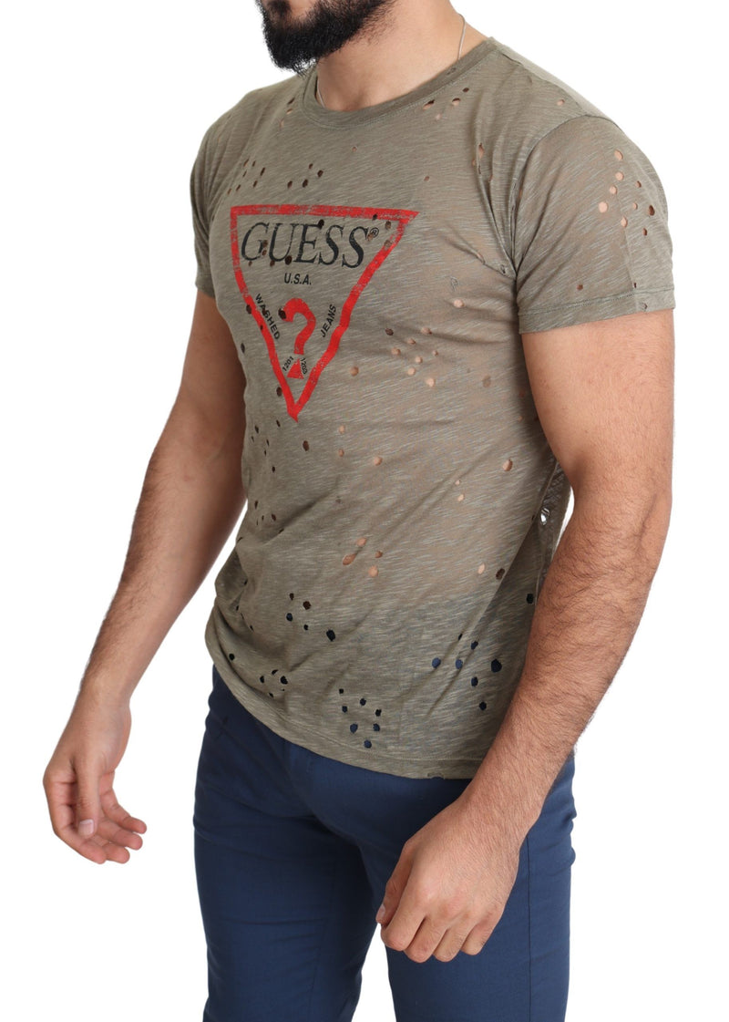 T-shirt Guess marron en coton stretch imprimé logo pour homme, style décontracté et perforé