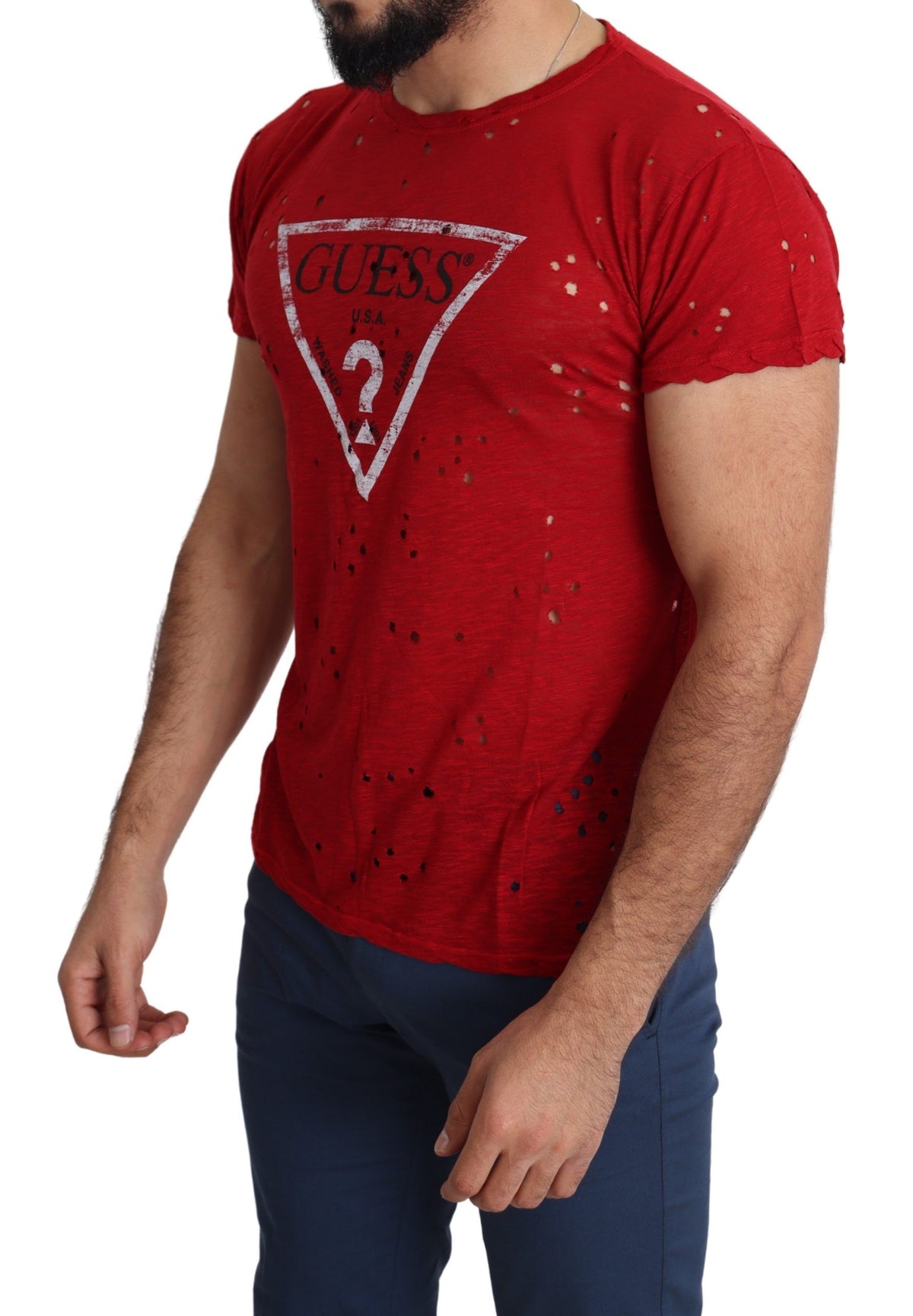 T-shirt Guess rouge en coton imprimé logo homme, style décontracté, perforé