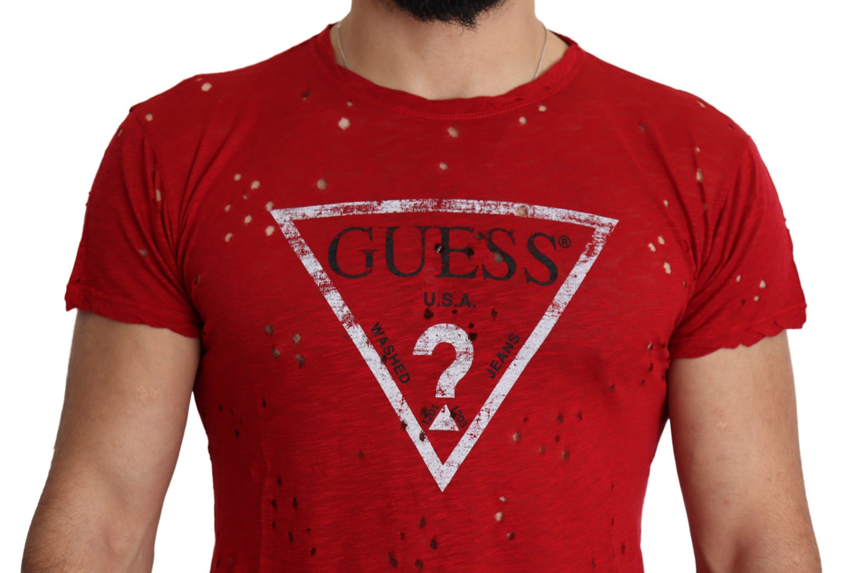 T-shirt Guess rouge en coton imprimé logo homme, style décontracté, perforé
