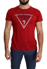 T-shirt Guess rouge en coton imprimé logo homme, style décontracté, perforé