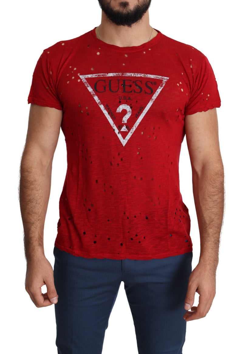 T-shirt Guess rouge en coton imprimé logo homme, style décontracté, perforé