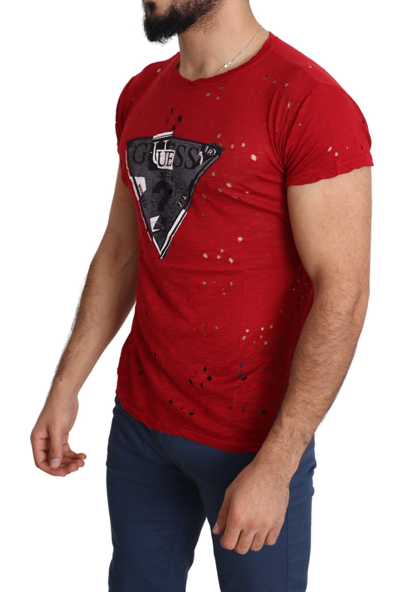 T-shirt Guess rouge en coton imprimé logo homme, style décontracté, perforé
