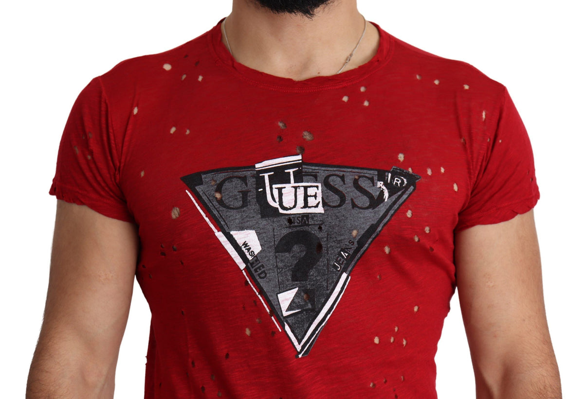T-shirt Guess rouge en coton imprimé logo homme, style décontracté, perforé