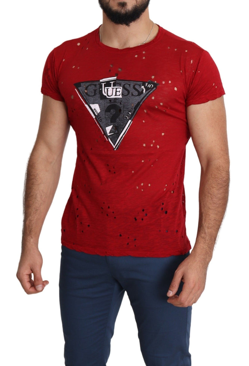 T-shirt Guess rouge en coton imprimé logo homme, style décontracté, perforé